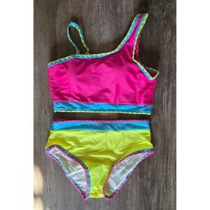 Girls Neon Colorblock Bikini Set Scalloped Trim Two Piece Swimsuit Size 14Y
